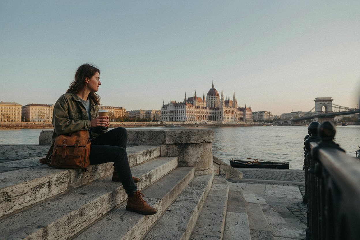 Parlamento de Budapeste à beira do Danúbio no fim de tarde