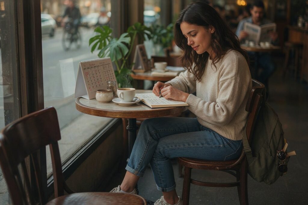 Pessoa planejando as férias com calendário e caderno numa mesa de café