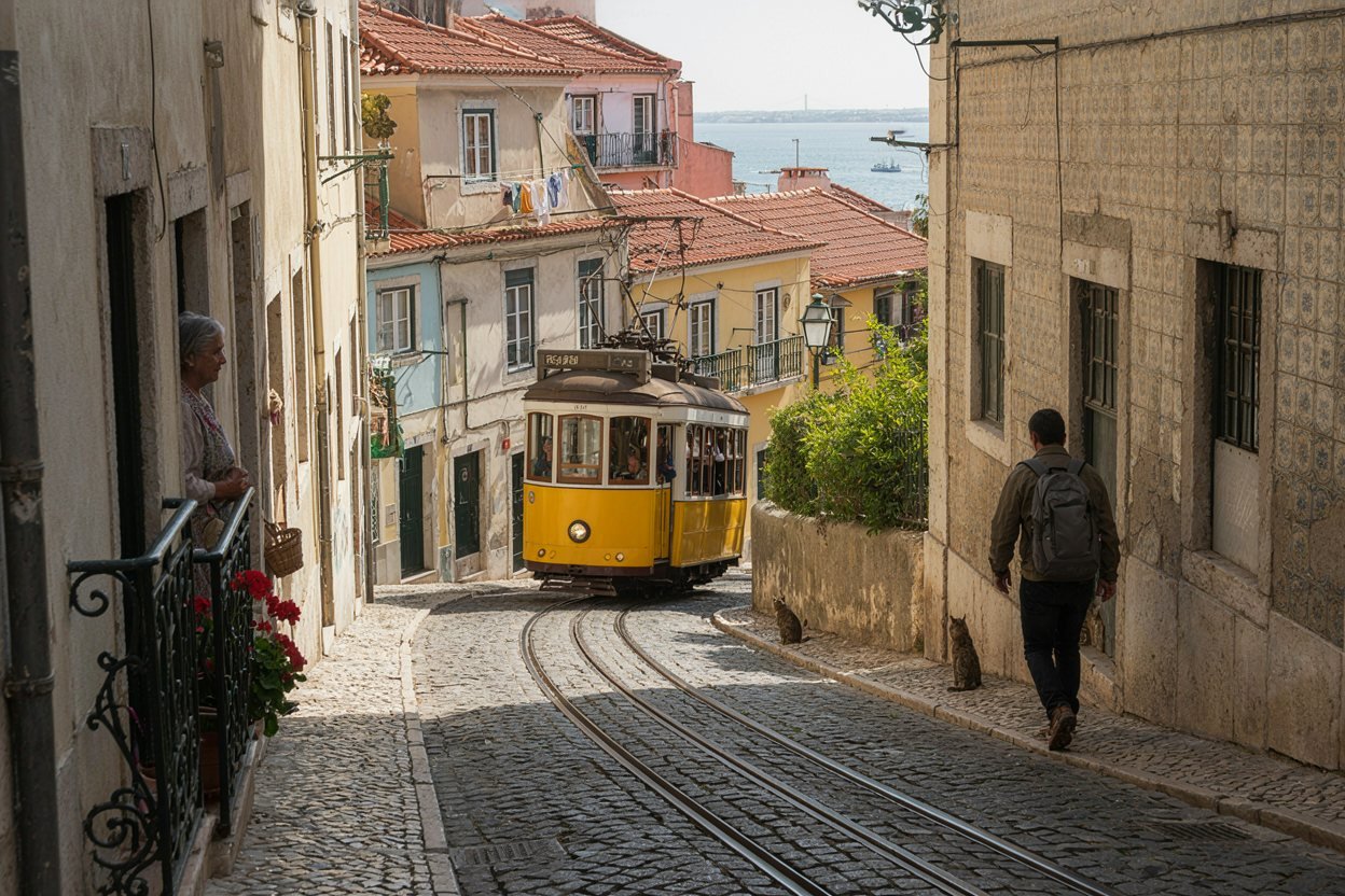 Bonde amarelo subindo rua de paralelepípedos em Alfama, Lisboa