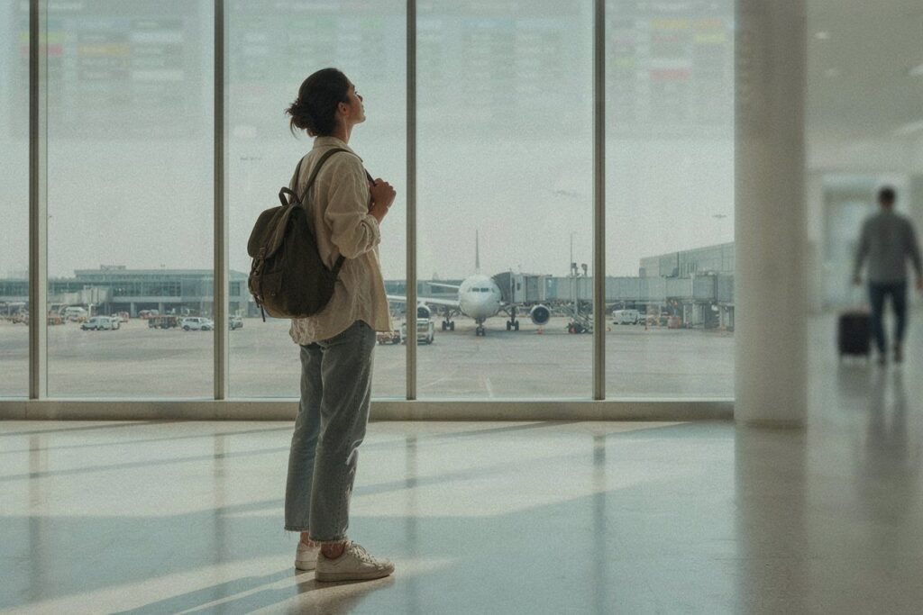 Viajante com mochila olhando o avião pela janela do aeroporto