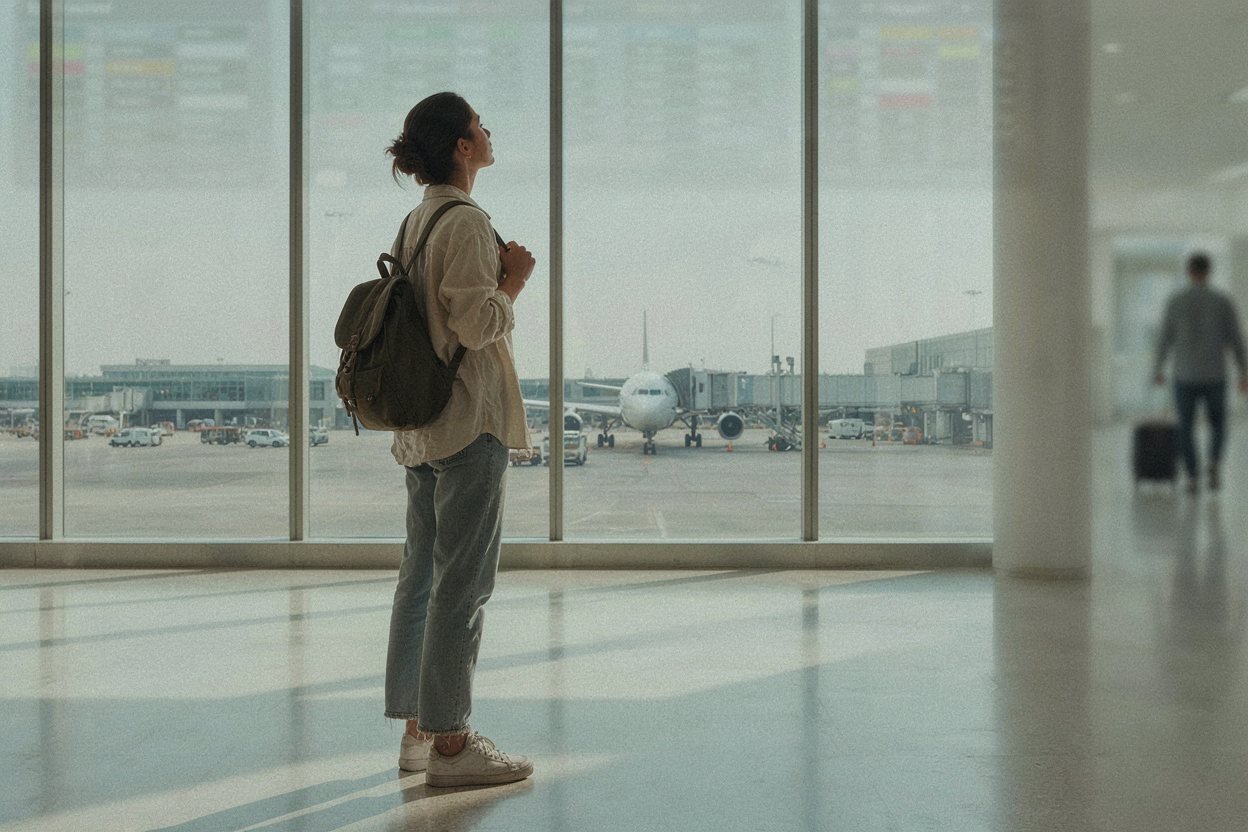 Viajante com mochila olhando o avião pela janela do aeroporto